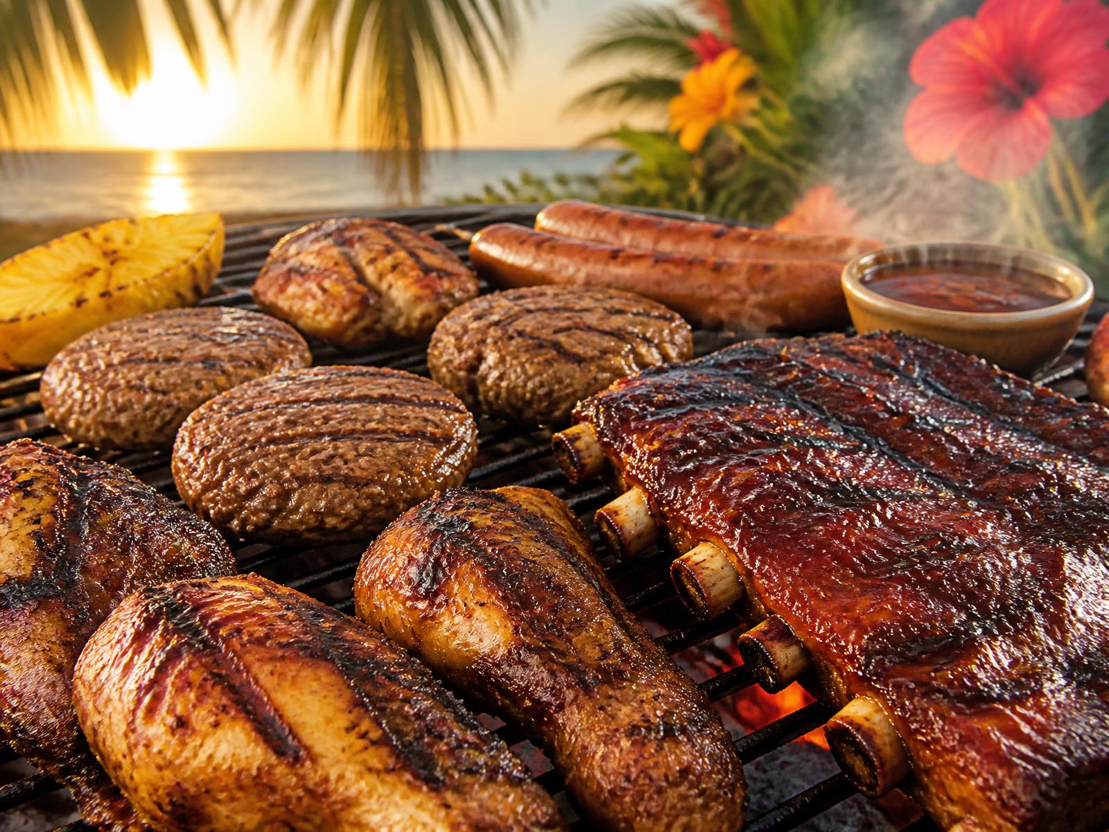 Caribbean BBQ grill with ribs, jerk chicken, burgers and sausages at sunset